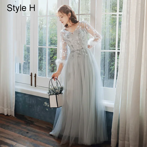 Chinese style Elegant Blushing Pink Embroidered Bridesmaid Dresses 2021 A-Line / Princess Scoop Neck 3/4 Sleeve Floor-Length / Long Wedding Party Dresses