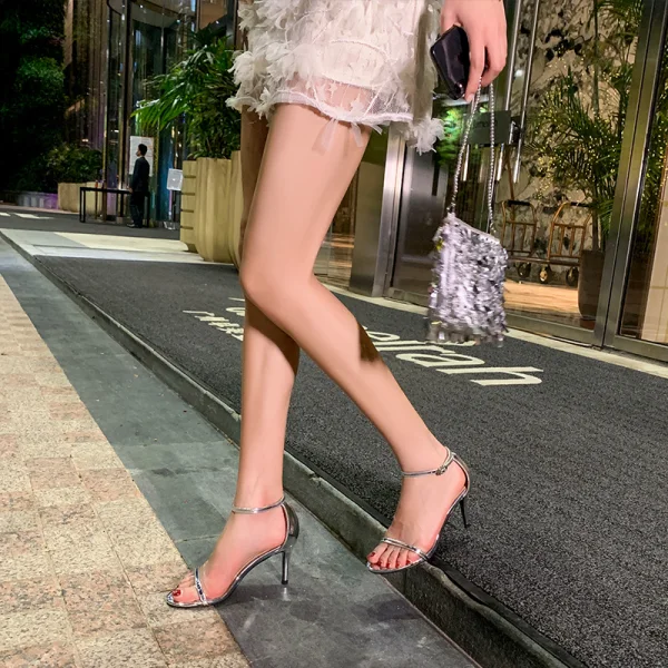 Sexy Silver Cocktail Party Womens Sandals 2020 Ankle Strap 8 cm Stiletto Heels Open / Peep Toe Sandals