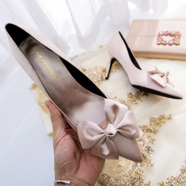 Elegant Burgundy Prom Satin Pumps 2020 Leather Bow 8 cm Stiletto Heels Pointed Toe Pumps