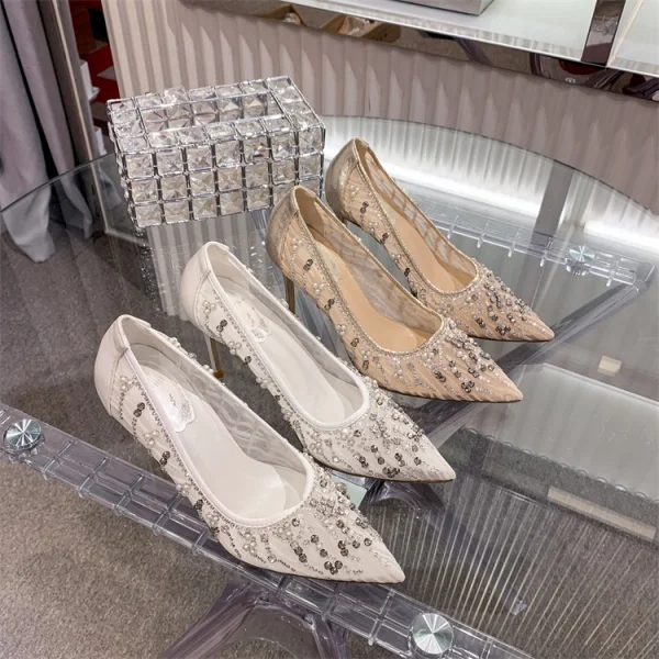Charming White Lace Wedding Shoes 2020 Pearl Rhinestone 10 cm Stiletto Heels Pointed Toe Wedding Pumps