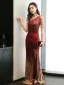 Scintillantes Sexy Bordeaux Paillettes Robe De Soirée 2021 Trompette / Sirène Une épaule Perlage Sans Manches Dos Nu Train De Balayage Soirée Robe De Ceremonie