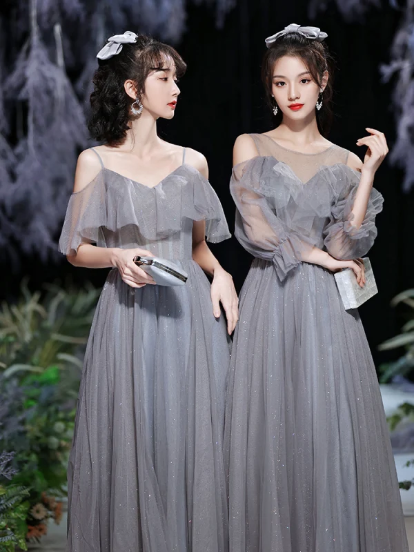 Modest / Simple Grey Bridesmaid Dresses 2021 A-Line / Princess Glitter Spaghetti Straps Short Sleeve Backless Floor-Length / Long Bridesmaid Wedding Party Dresses