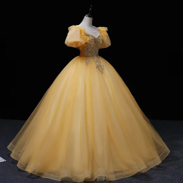 Elegant Champagne Beading Pearl Sequins Prom Dresses 2022 Ball Gown Scoop Neck Short Sleeve Backless Floor-Length / Long Formal Dresses