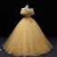Elegant Champagne Beading Pearl Sequins Prom Dresses 2022 Ball Gown Scoop Neck Short Sleeve Backless Floor-Length / Long Formal Dresses