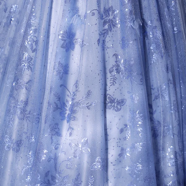 Chic / Beautiful Ocean Blue Appliques Sequins Prom Dresses 2022 Ball Gown Off-The-Shoulder Short Sleeve Backless Floor-Length / Long Formal Dresses