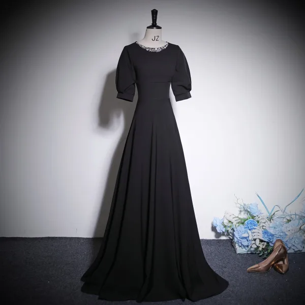Elegant Black Rhinestone Prom Dresses 2023 A-Line / Princess Scoop Neck Short Sleeve Floor-Length / Long Prom Formal Dresses