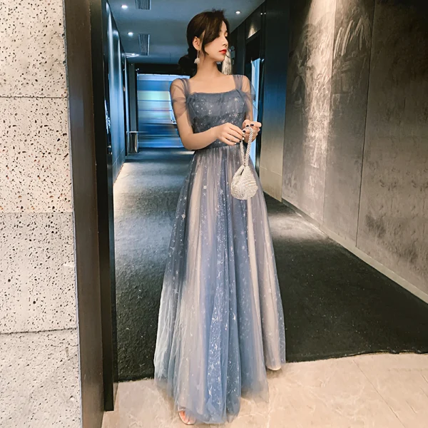 Charming Sky Blue Star Bridesmaid Dresses 2021 A-Line / Princess Spaghetti Straps Lace Sleeveless Backless Floor-Length / Long Bridesmaid Wedding Party Dresses