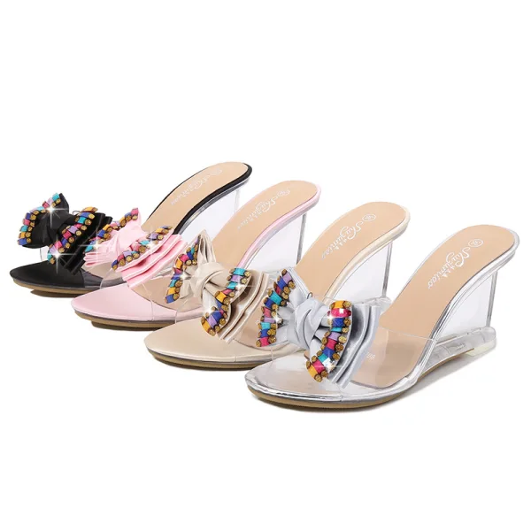 Chic / Beautiful Silver Street Wear Womens Sandals 2020 Rhinestone Bow 8 cm Wedges Open / Peep Toe Sandals