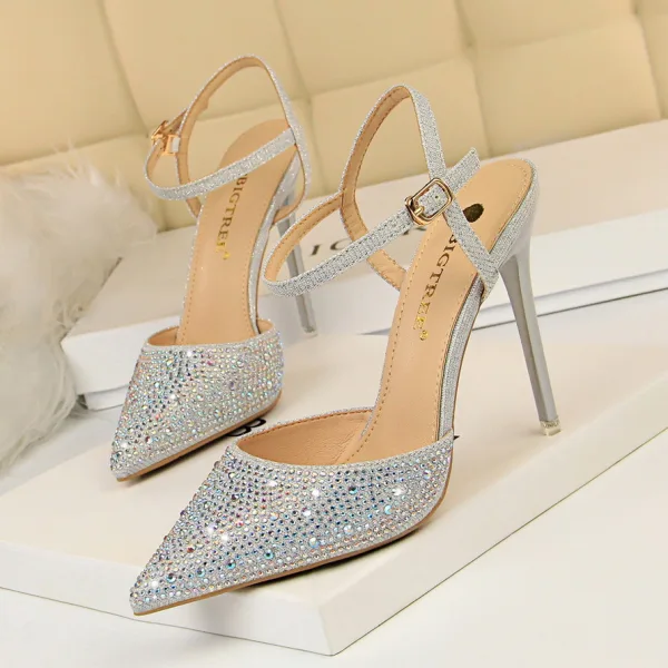 Glitzernden Rosa Abend Sandalen Damen Strass 2020 Knöchelriemen 10 cm Stilettos Spitzschuh Sandaletten