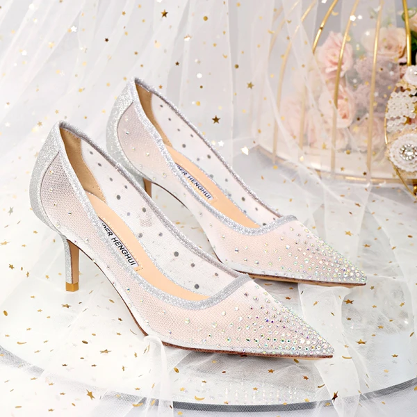 Glittrande Silver Brudskor 2020 Rhinestone Paljetter 9 cm Stilettklackar Spetsiga Bröllop Pumps