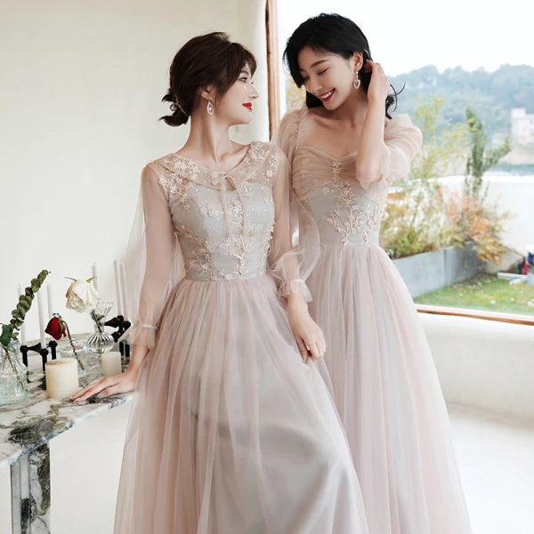 Mode Perle Rose Robe Demoiselle D'honneur 2021 Princesse Encolure Dégagée En Dentelle Fleur Appliques 3/4 Manches Dos Nu Longue Robe Pour Mariage