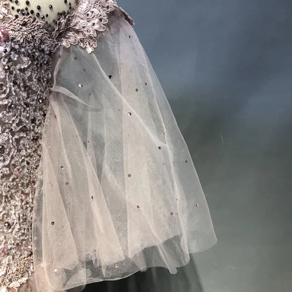 Luxe Perle Rose Robe De Soirée 2018 Princesse Appliques En Dentelle Perlage Cristal Faux Diamant Paillettes Encolure Dégagée Dos Nu 1/2 Manches Longue Robe De Ceremonie
