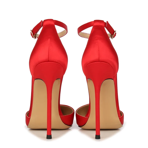 Schöne Schwarz Büro OL Satin Sandalen Damen 2020 Knöchelriemen 12 cm Stilettos Spitzschuh Sandaletten