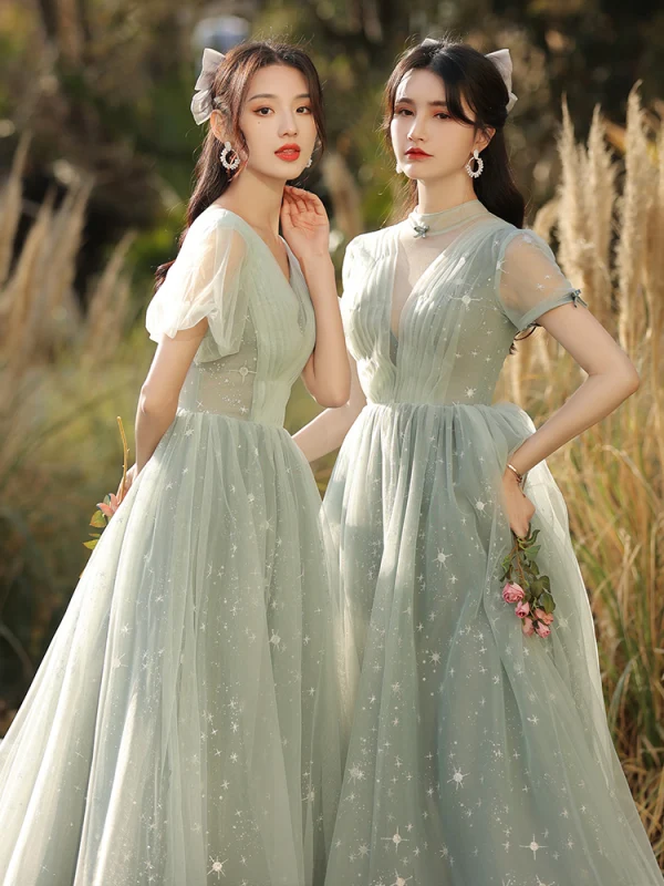 Fashion Sage Green Star Bridesmaid Dresses 2021 A-Line / Princess Scoop Neck Short Sleeve Backless Floor-Length / Long Bridesmaid Wedding Party Dresses
