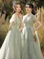 Fashion Sage Green Star Bridesmaid Dresses 2021 A-Line / Princess Scoop Neck Short Sleeve Backless Floor-Length / Long Bridesmaid Wedding Party Dresses