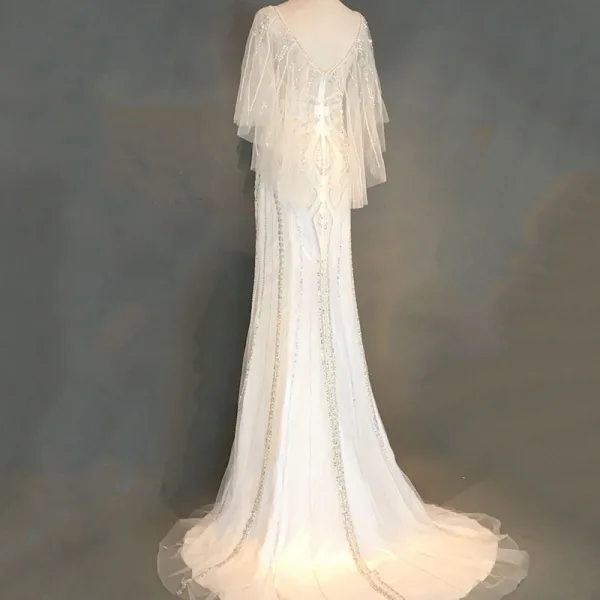 Luxe Ivoire Robe De Soirée 2018 Trompette / Sirène Perlage Perle Faux Diamant Paillettes Encolure Dégagée Dos Nu 3/4 Manches Train De Balayage Robe De Ceremonie