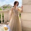 Chic / Beautiful Champagne Bridesmaid Dresses 2021 A-Line / Princess V-Neck Beading Pearl Sequins Lace Flower Short Sleeve Backless Floor-Length / Long Bridesmaid Wedding Party Dresses