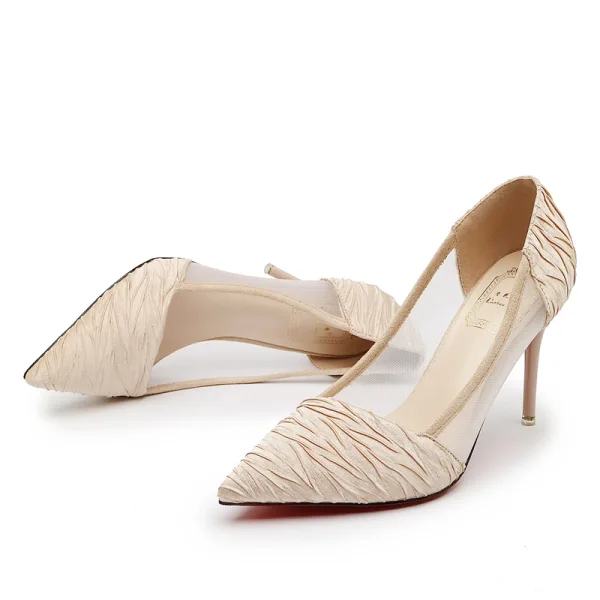 Schöne Beige Strassenmode Plissee Pumps 2020 9 cm Stilettos Spitzschuh Pumps