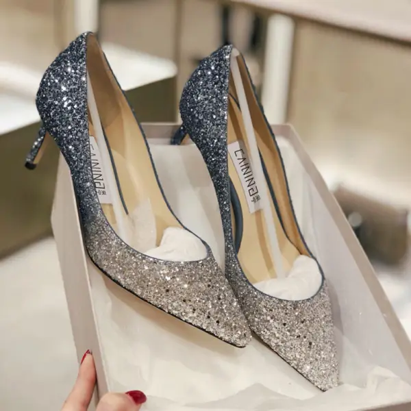 Sparkly Charming Silver Evening Party Leather Sequins Pumps 2020 8 cm Stiletto Heels Pointed Toe Pumps