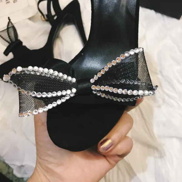 Charmant Noire Cocktail Sandales Femme 2020 Faux Diamant Noeud Cuir 12 cm Talons Aiguilles Peep Toes / Bout Ouvert Sandales
