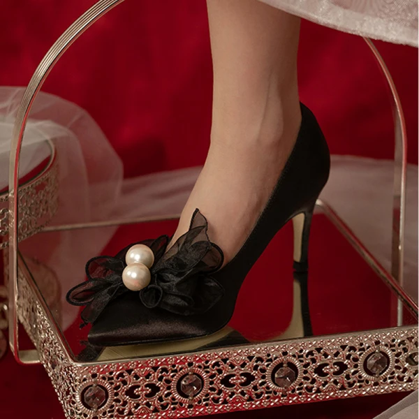 Elegant White Pearl Bow Wedding Shoes 2020 7 cm Stiletto Heels Pointed Toe Wedding Pumps