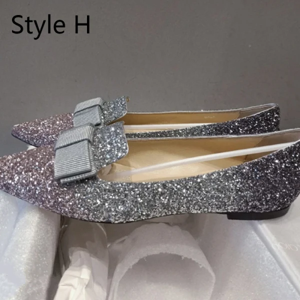 Sparkly Gradient-Color Prom Flat Womens Shoes 2020 Sequins Bow Pointed Toe Heels