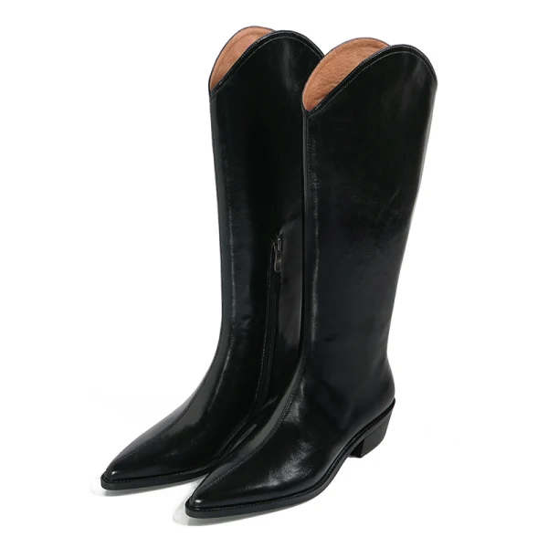 Fashion Beige Street Wear Mid Calf Womens Boots 2020 Leather 4 cm Thick Heels Low Heel Pointed Toe Boots