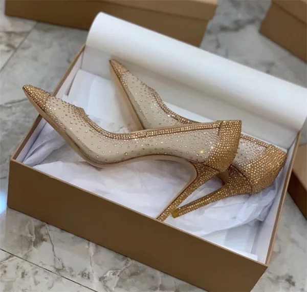 Uroczy Złote Rhinestone Przezroczyste Buty Ślubne 2020 Skórzany 10 cm Szpilki Szpiczaste Ślub Czółenka