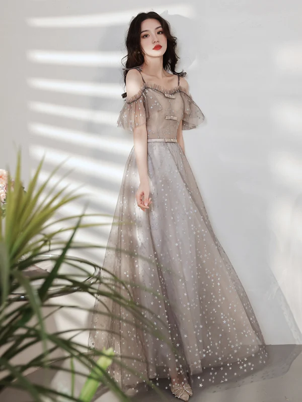 Elegant Grey Lace Star Bridesmaid Dresses 2021 A-Line / Princess Square Neckline Bow Short Sleeve Backless Floor-Length / Long Bridesmaid Wedding Party Dresses