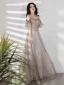Elegant Grey Lace Star Bridesmaid Dresses 2021 A-Line / Princess Square Neckline Bow Short Sleeve Backless Floor-Length / Long Bridesmaid Wedding Party Dresses