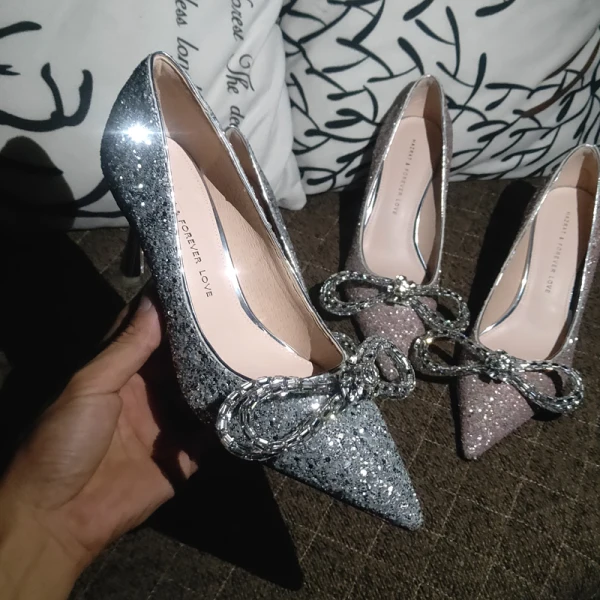 Scintillantes Argenté Faux Diamant Paillettes Chaussure De Mariée 2020 Cuir 8 cm Talons Aiguilles À Bout Pointu Mariage Escarpins