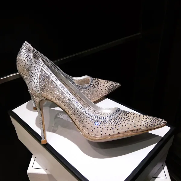 Charmig Silver Afton Rhinestone Pumps 2020 Läder 10 cm Stilettklackar Spetsiga Pumps