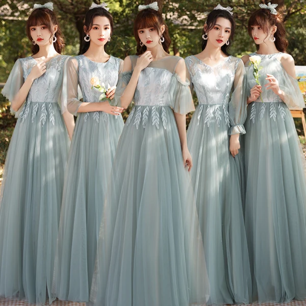 Modest / Simple Sage Green Embroidered Bridesmaid Dresses 2021 A-Line / Princess V-Neck 3/4 Sleeve Backless Floor-Length / Long Bridesmaid Wedding Party Dresses