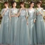Modest / Simple Sage Green Embroidered Bridesmaid Dresses 2021 A-Line / Princess V-Neck 3/4 Sleeve Backless Floor-Length / Long Bridesmaid Wedding Party Dresses