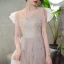 Modern / Fashion Blushing Pink Lace Flower Bridesmaid Dresses 2021 A-Line / Princess Scoop Neck Short Sleeve Backless Floor-Length / Long Bridesmaid Wedding Party Dresses