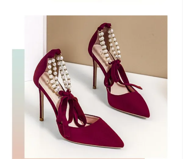 Sexy Burgundy Evening Party Womens Sandals 2020 Pearl Ankle Strap 10 cm Stiletto Heels Pointed Toe Sandals