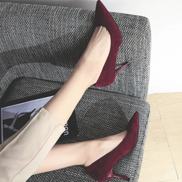 Chic / Beautiful Burgundy Office OL Suede Pumps 2020 Leather 7 cm Stiletto Heels Pointed Toe Pumps