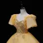 Elegant Champagne Beading Pearl Sequins Prom Dresses 2022 Ball Gown Scoop Neck Short Sleeve Backless Floor-Length / Long Formal Dresses