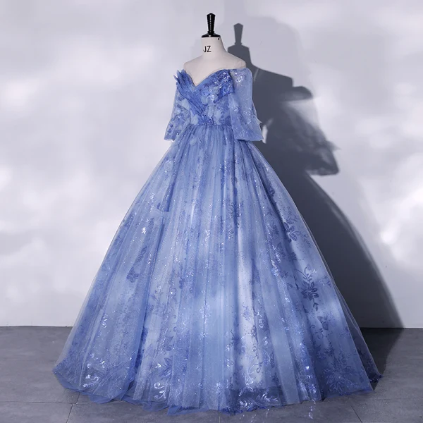 Chic / Beautiful Ocean Blue Appliques Sequins Prom Dresses 2022 Ball Gown Off-The-Shoulder Short Sleeve Backless Floor-Length / Long Formal Dresses