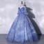 Chic / Beautiful Ocean Blue Appliques Sequins Prom Dresses 2022 Ball Gown Off-The-Shoulder Short Sleeve Backless Floor-Length / Long Formal Dresses