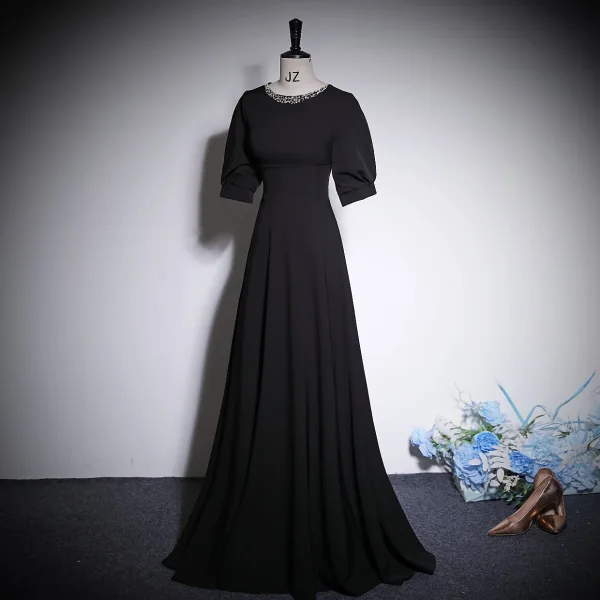 Elegant Black Rhinestone Prom Dresses 2023 A-Line / Princess Scoop Neck Short Sleeve Floor-Length / Long Prom Formal Dresses