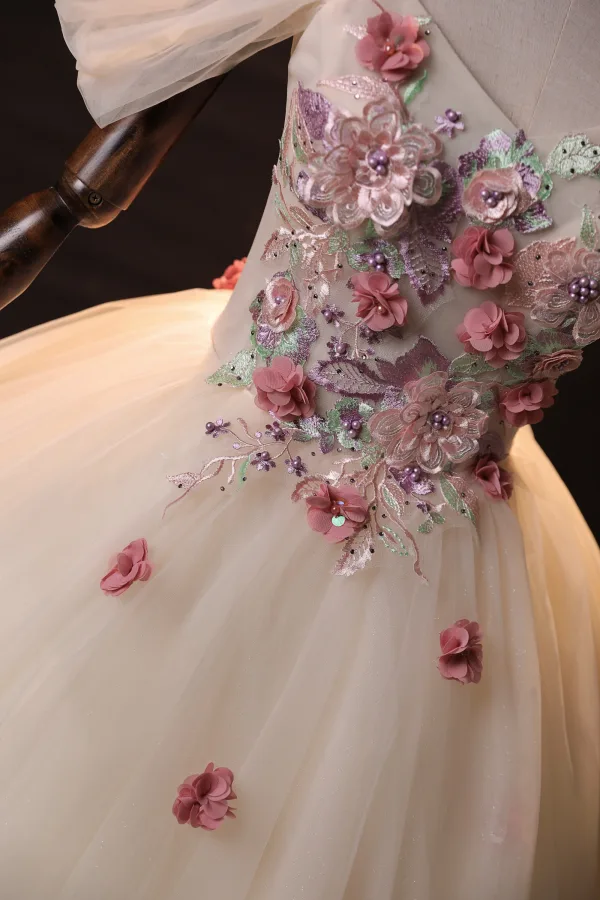 Charming Ball Gown Quinceañera Champagne Flower Prom Dresses 2024 Spaghetti Straps Floor-Length / Long Tulle Formal Dresses