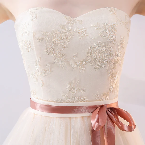 Chic / Beautiful Champagne Bridesmaid Dresses 2018 A-Line / Princess Bow Lace Sleeveless Backless Short Wedding Party Dresses