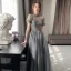 Chic / Beautiful Black Grey Bridesmaid Dresses 2021 A-Line / Princess Scoop Neck Beading Sequins Short Sleeve Backless Floor-Length / Long Bridesmaid Wedding Party Dresses