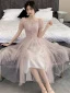 Chic / Beautiful Blushing Pink Bridesmaid Dresses 2021 A-Line / Princess Square Neckline Pearl Sequins Short Sleeve Backless Tea-length Bridesmaid Wedding Party Dresses