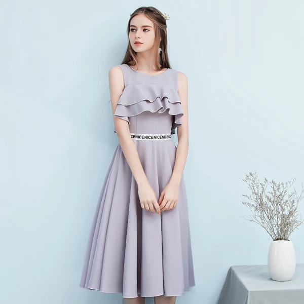 Simple Gris Robe Demoiselle D'honneur 2018 Princesse Sans Manches Dos Nu Thé Longueur Robe Pour Mariage