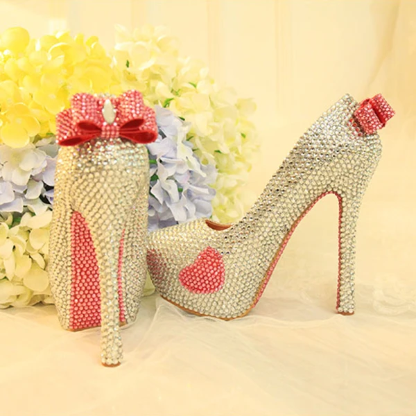 Charmant Argenté Faux Diamant Chaussure De Mariée 2020 Noeud Cuir Imperméables 14 cm Talons Aiguilles À Bout Rond Mariage Escarpins