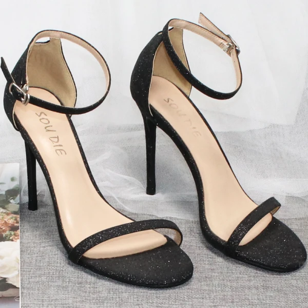 Sexy Gold Glitter Evening Party Womens Sandals 2020 Ankle Strap Sequins 10 cm Stiletto Heels Pointed Toe Sandals