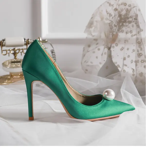 Chic Ivoire Perle Chaussure De Mariée 2020 Cuir 10 cm Talons Aiguilles À Bout Pointu Mariage Escarpins