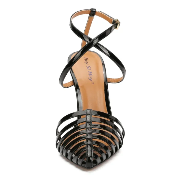 Sexy Noire Club de carnaval Cuir Verni Sandales Femme 2021 X-Strap 12 cm Talons Aiguilles À Bout Pointu Sandales